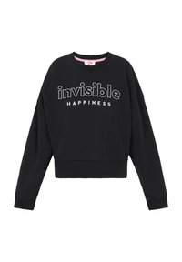 Felpa nera a maniche lunghe e corta, con la scritta "invisible HAPPINESS" ricamata in bianco sul petto. Tessuto morbido.