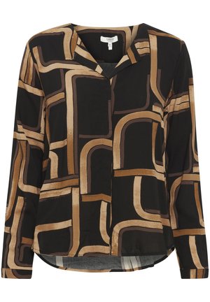Blusa a maniche lunghe in tessuto nero con un motivo geometrico. Presenta linee curve in diverse tonalità di marrone e beige. Chiusura frontale con bottoni, scollatura a V.