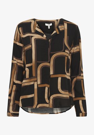 Blouse à manches longues en tissu noir à motif géométrique. Présente des lignes courbes dans des nuances de brun et de beige. Fermeture à boutons sur le devant, décolleté en V.