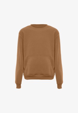 Bruine sweatshirt gemaakt van zachte stof met een ronde hals, lange mouwen en een voorzak. Gladde textuur met ribgebreide boorden en zoom.