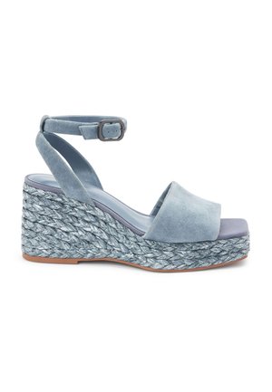 Light blue suede wedge sandal with braided espadrille-style platform sole and ankle strap with buckle closure.