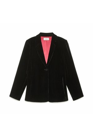 Veste en velours noir avec un col à revers cranté, une fermeture à un bouton et une doublure rose vif. Manches longues et coupe ajustée.