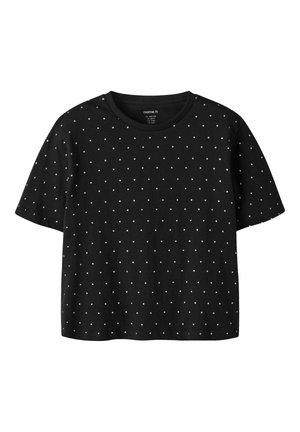 Schwarzes T-Shirt mit kurzen Ärmeln und weißen Punkten, Rundhalsausschnitt und lockerer Passform. Aus Baumwolle gefertigt. Einfaches und vielseitiges Design.