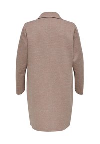 Vaalea ruskea villakangas takki, jossa on teksturoitu pinta, pitkät hihat ja viilennettävä kaulus. Takissa on suora leikkaus ja puolipitkä muotoilu.