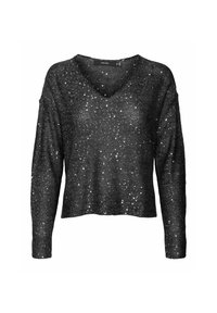 Maglione lungo nero a maniche lunghe con scollatura a V, caratterizzato da un motivo di maglia testurizzata e da accenti di luccichio argentato sparsi in tutto il capo.