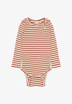 Dlhý rukáv body v krémovo-červených pruhoch, rebrovaná textúra, okrúhly výstrih a patentky na spodnej strane pre jednoduché obliekanie.