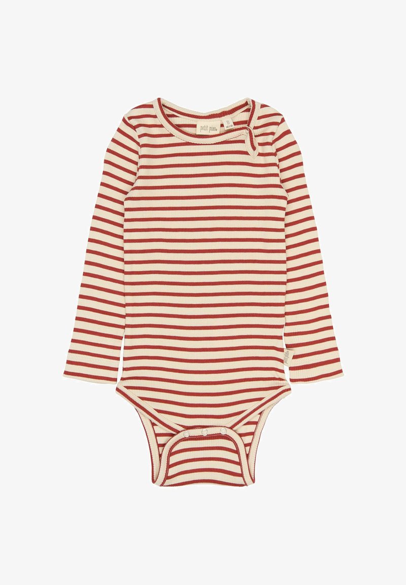 Bodysuit à manches longues en crème et rouge à rayures, texture côtelée, col rond et fermetures à pressions en bas pour un habillage facile.