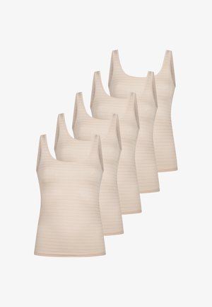 Fem beige ærmeløse tanktops med et subtilt horisontalt stribet mønster arrangeret i et forgrenet overlappende layout.