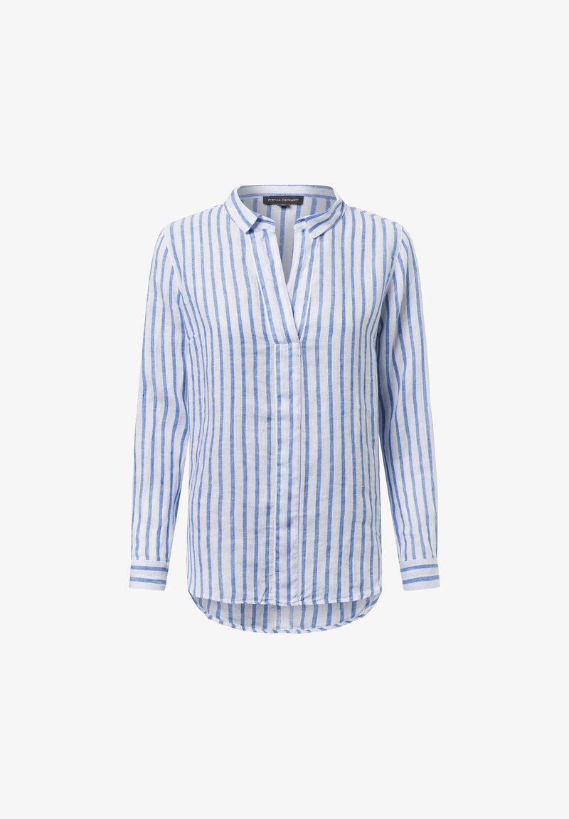 Leichte Leinenbluse mit blau-weißen vertikalen Streifen, langen Ärmeln, kragenlosem Design und abgerundetem Saum. Markante geknöpfte Manschetten.