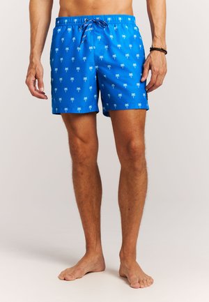 Blauwe zwembroek met een palmboompatroon, elastische tailleband met koord en een knielange snit. Soepele textuur en lichtgewicht stof.