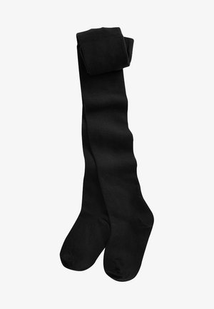Zwarte panty met een gladde textuur, voorzien van een zachte, elastische tailleband. De stof lijkt mat zonder zichtbare patronen of accenten.