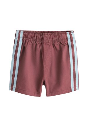 Mørkerøde børneshorts med elastisk taljebånd og to lyseblå lodrette striber på hver side.