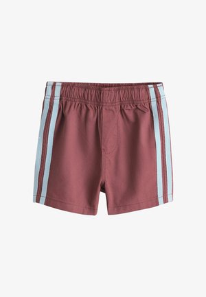 Mørkerøde børneshorts med elastisk taljebånd og to lyseblå lodrette striber på hver side.