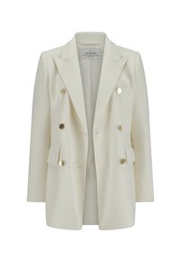 Doppelt gefütterte Jacke aus cremfarbener Wollmischung. Mit goldfarbigen Knöpfen, spitzen Revers und Seitentaschen. Strukturiertes Silhouette mit tailliertem Schnitt.