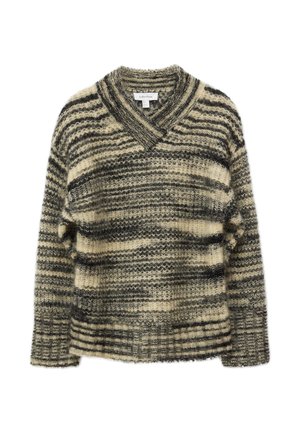 Oversized striktrøje med V-hals, uldblanding, med et skiftevis stribet mønster i creme og mørkegrå toner. Tekstureret finish.