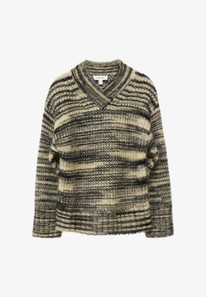 Oversized striktrøje med V-hals, uldblanding, med et skiftevis stribet mønster i creme og mørkegrå toner. Tekstureret finish.