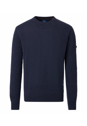 Granatowy sweter z długim rękawem i okrągłym dekoltem, z prążkowanymi mankietami i dołem, gładka dzianina bez widocznych wzorów ani logo.