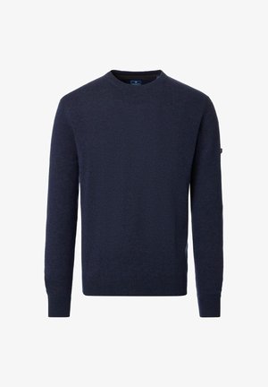 Granatowy sweter z długim rękawem i okrągłym dekoltem, z prążkowanymi mankietami i dołem, gładka dzianina bez widocznych wzorów ani logo.