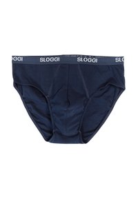Slip SLOGGI blu navy, realizzato in morbido cotone, con una cinturina elastica con logo, tasca frontale e cuciture decorative.