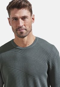 Dunkelgrüner, strukturierter Pullover mit einem gerippten Muster, Rundhalsausschnitt und kontrastierenden helleren Akzenten an den Schultern und der Brust.