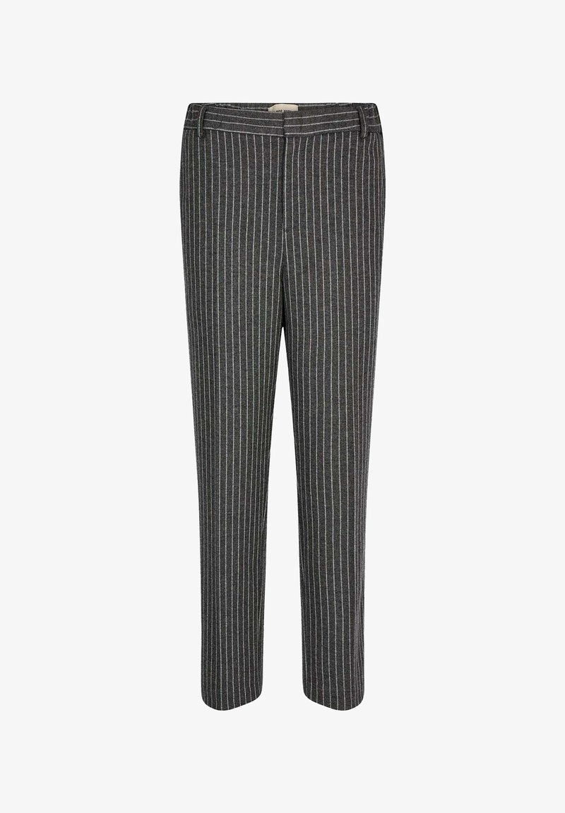 Pantalon gris foncé avec fines rayures verticales blanches et fermeture éclair à l'avant, présenté sur un fond blanc.