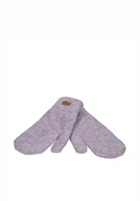 Manoplas tejidas en un suave color púrpura claro con un acabado texturizado. Presentan una pequeña etiqueta marrón cosida en un lado.