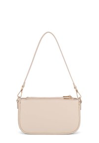 Borsa a spalla in pelle beige con forma rettangolare, chiusura a doppia zip, tracolla sottile e dettagli in metallo dorato.