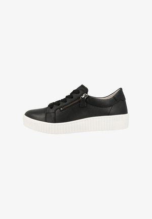 Black leather sneaker with a textured finish, featuring a side zip closure, lace-up front, and a white rubber sole with grooves.