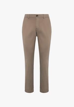 Beige bavlněné kalhoty s rovnými nohavicemi, zapínáním na knoflík a poutky na opasek; mají čistý přední díl bez viditelných kapes.