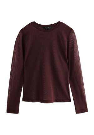 Haut à manches longues en mesh transparent bordeaux foncé avec encolure ronde et étiquette de marque visible à l'intérieur du col.