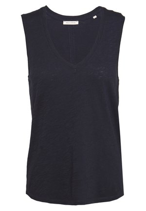 Ärmelloses marineblaues Tanktop mit V-Ausschnitt, leicht strukturierter Stoff und kleinem weißen Etikett innen am Kragen.