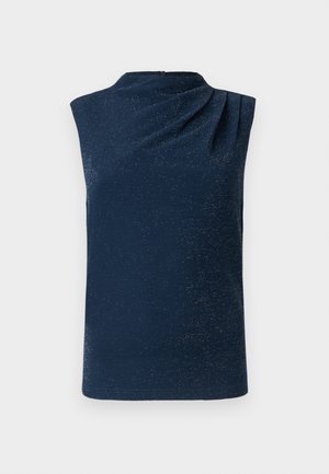 Top sin mangas hecho de tela azul marino con una sutil textura brillante. Presenta un diseño drapeado cerca del escote y un corte recto.