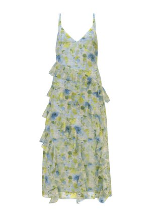 Αμάνικο μίντι φόρεμα με λουλουδάτα μοτίβα σε μπλε, πράσινες και κίτρινες αποχρώσεις, με V-λαιμόκοψη και στρώσεις με βολάν.