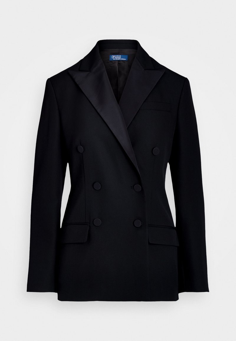 Black double-breasted blazer in wool blend, featuring satin lapels, two front pockets, and button closures. Tailored fit with structured shoulders.