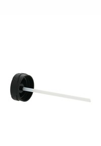 Capuchon en plastique noir avec un bord fileté et une paille translucide attachée, conçu pour dispenser des liquides ou des substances.