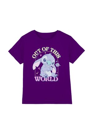 Purple cotton t-shirt featuring a graphic of a cartoon character with large ears, holding a small object, and the text "OUT OF THIS WORLD."