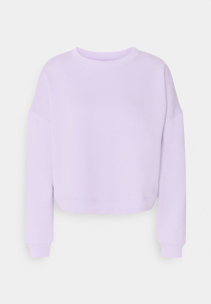 Sweat-shirt court lilas à manches longues avec encolure ronde et poignets côtelés sur un fond clair uni.