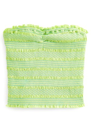Green smocked tube top with textured surface, featuring ruffled edges and horizontal stripes of light blue thread.