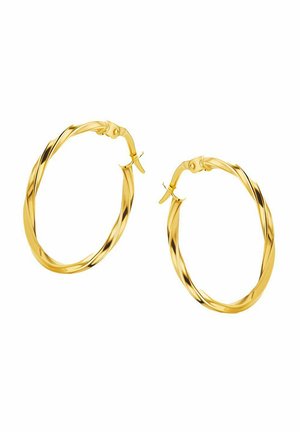 Damenohrringe in Form von gedrehten, goldenen Creolen mit einer glatten, polierten Oberfläche und sicherem Verschluss, die eine kreisförmige Form und dekorative Details aufweisen.