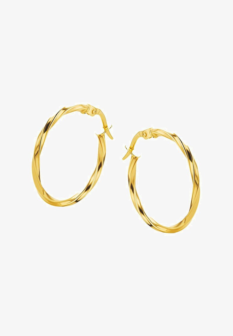 Zlaté skrútené náušnice v tvare kruhu s hladkým, lesklým povrchom a bezpečným zapínaním, zdobené dekoratívnymi detailmi.