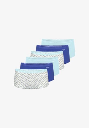 Set di sei slip hipster da donna in vari colori: blu scuro tinta unita, azzurro e un motivo a righe blu con accenti pastello.