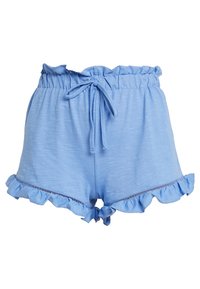 Světle modré šortky vyrobené z jemné tkaniny, s volánkovým lemem, elastickým pasem a stahovací šňůrkou pro nastavení velikosti.