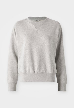 Svetlošedý mikina s okrúhlym výstrihom a rebrovanými okrajmi. Má voľný strih a jemnú rebrovanú textúru na manžetách a páse.