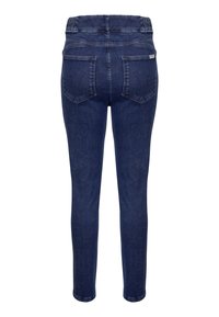 Jeans skinny in denim blu con una forma aderente, vita elasticizzata, due tasche posteriori e una texture liscia in tutto il capo.