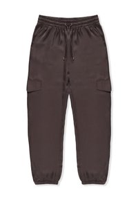 Pantaloni cargo a vita alta in satin marrone scuro con coulisse, tasche laterali e polsi elastici alle caviglie. Texture liscia.