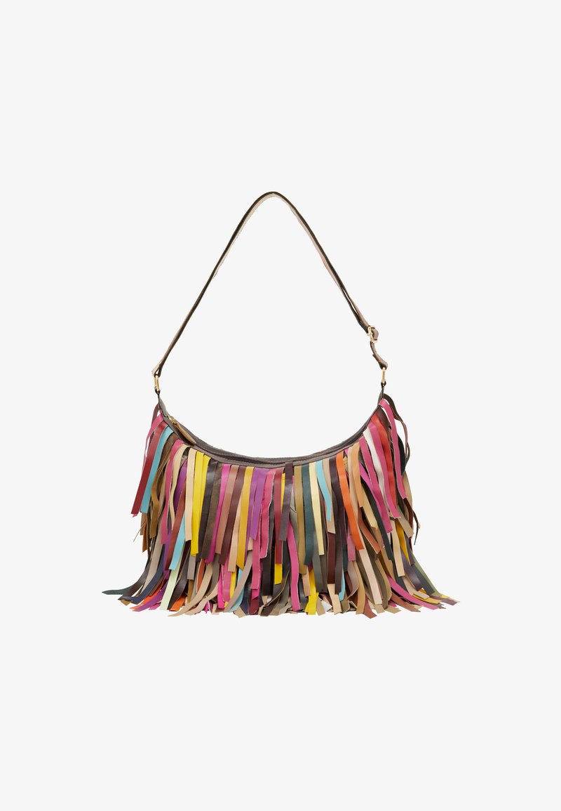 Francia táska barna bőrből, több színű szintetikus csíkokkal díszítve. Ívelt tetejével és egy állítható vállpántjával rendelkezik.