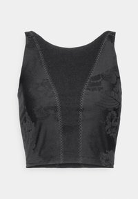 Top corto nero con texture floreale, scollatura rotonda e dettagli di cuciture decorative lungo le cuciture. Realizzato in tessuto liscio e elastico.