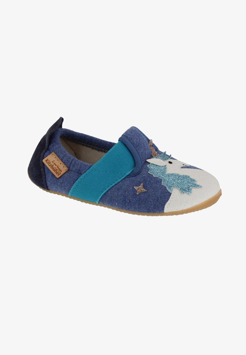 Velvet slip-on shoe in blue, featuring a white toe with unicorn design and sparkling accents. Textured sole with elastic side for easy wear.