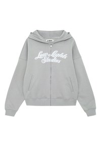 Grauer Reißverschluss-Hoodie mit großem weißen bestickten Schriftzug "Low Lights Studios" auf der Vorderseite, in entspannter Passform und mit Seitentaschen.