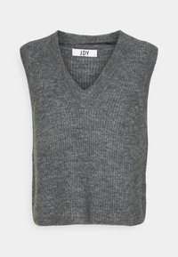Top maniche corte grigio a costine con scollatura a V e vestibilità rilassata. L'etichetta reca la scritta "JDY." Texture morbida con una leggera elasticit�à.